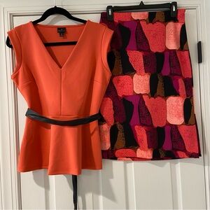 Colorful Abstract Women's Skirt and Top Combo Top-M, Skirt Sz-6 with Black Belt